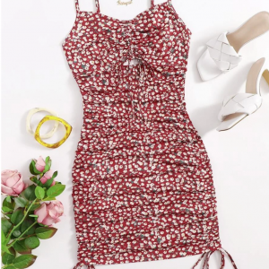 SHEIN Cut Out Drawstring Knot Front Ditsy Floral Slip Dress