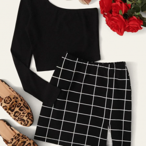 SHEIN One-Shoulder Crop Top & Grid Mini Skirt Set